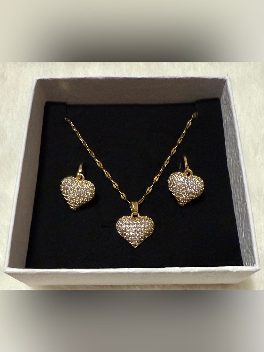 Gold Heart Pendant Necklace and Earrings Set - Sparkling Gold Heart Jewelry